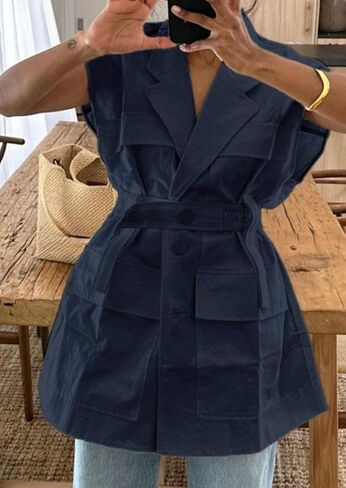 Women's Oversized Sleeveless Blazer Vest Casual Long Open Front Cargo Vest Top Lightweight Cardigan with Belt in Kuwait