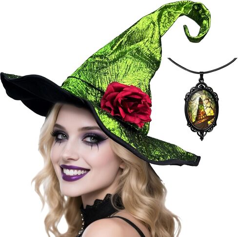Women Witch Hat with Detachable Flower & Gothic Pendant, Wizard Hats Wicked Costume Accessories for Hallowen Party in Kuwait