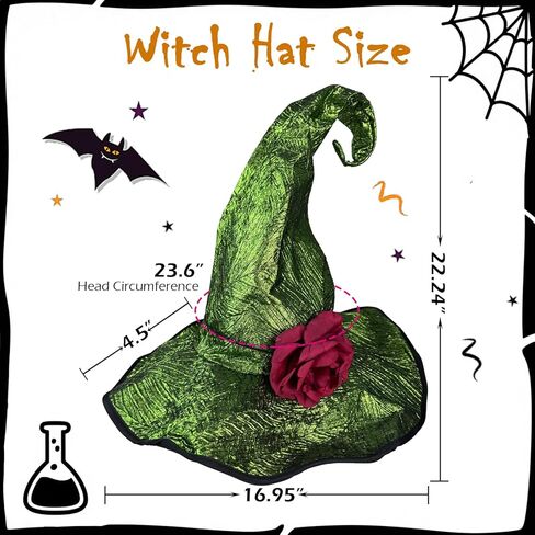 Women Witch Hat with Detachable Flower & Gothic Pendant, Wizard Hats Wicked Costume Accessories for Hallowen Party in Kuwait