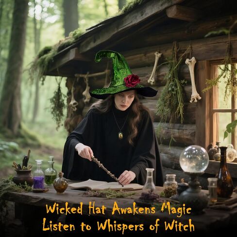 Women Witch Hat with Detachable Flower & Gothic Pendant, Wizard Hats Wicked Costume Accessories for Hallowen Party in Kuwait