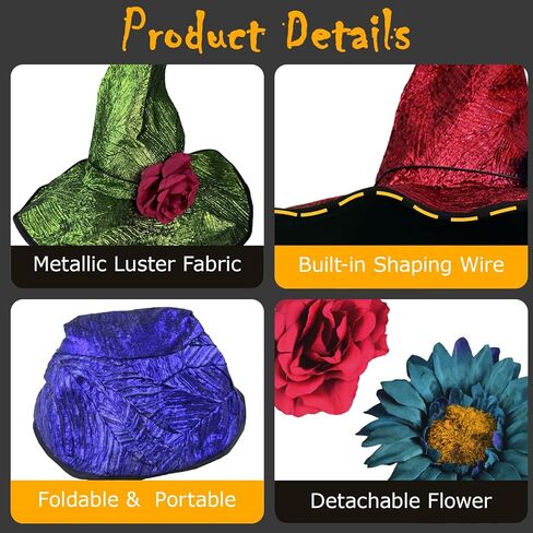 Women Witch Hat with Detachable Flower & Gothic Pendant, Wizard Hats Wicked Costume Accessories for Hallowen Party in Kuwait