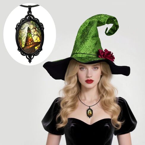 Women Witch Hat with Detachable Flower & Gothic Pendant, Wizard Hats Wicked Costume Accessories for Hallowen Party in Kuwait