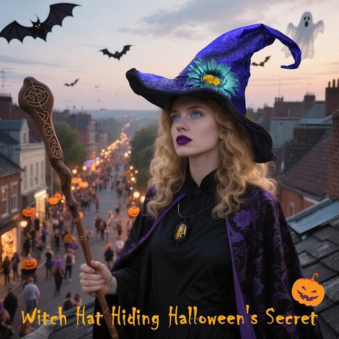 Women Witch Hat with Detachable Flower & Gothic Pendant, Wizard Hats Wicked Costume Accessories for Hallowen Party in Kuwait