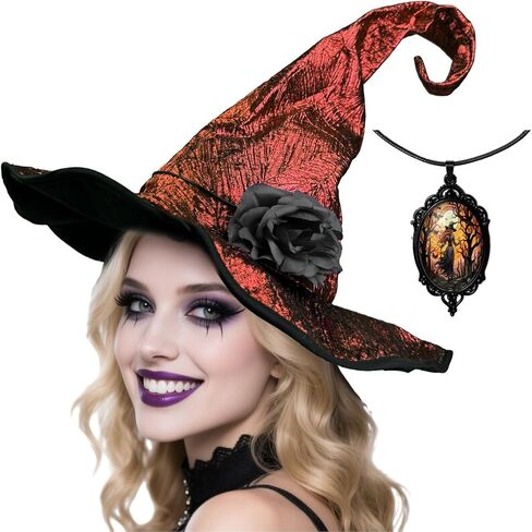 Women Witch Hat with Detachable Flower & Gothic Pendant, Wizard Hats Wicked Costume Accessories for Hallowen Party in Kuwait