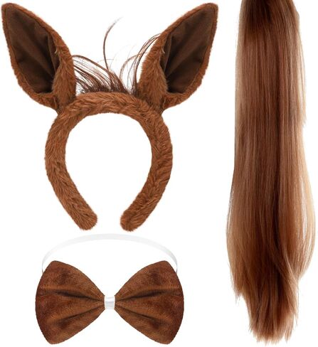 3 Pcs Horse Ears Headband and Tail Bow Tie Halloween Horse Costume Brown Accessory Set for Adult Halloween Animal Cosplay Party in Saudi Arabia