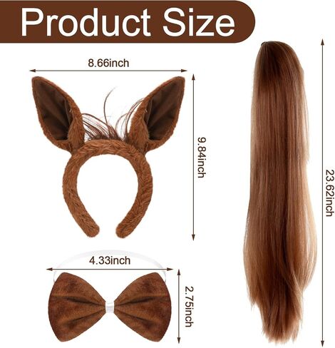 3 Pcs Horse Ears Headband and Tail Bow Tie Halloween Horse Costume Brown Accessory Set for Adult Halloween Animal Cosplay Party in Saudi Arabia