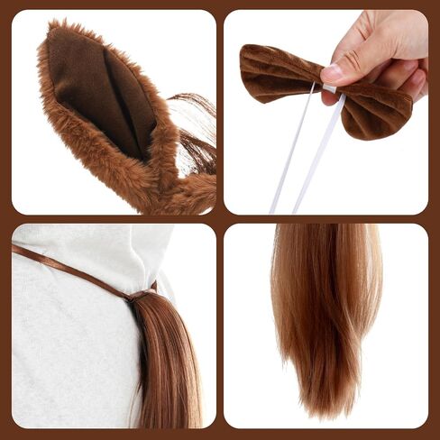 3 Pcs Horse Ears Headband and Tail Bow Tie Halloween Horse Costume Brown Accessory Set for Adult Halloween Animal Cosplay Party in Saudi Arabia