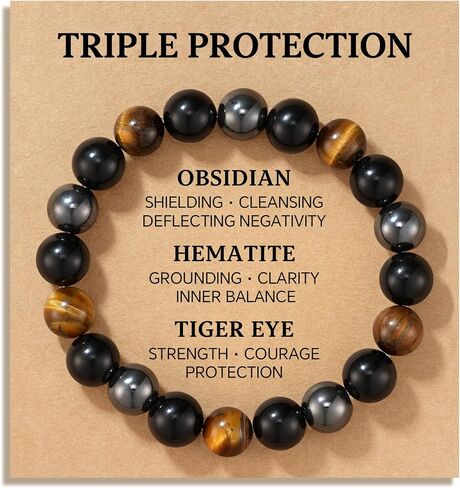 HGDEER Triple Protection Bracelet for Men & Teens - Bring Protection Luck And Prosperity - 100% Natural Obsidian, Hematite & Tiger Eye Beaded Bracelet - with Quote Card in Saudi Arabia