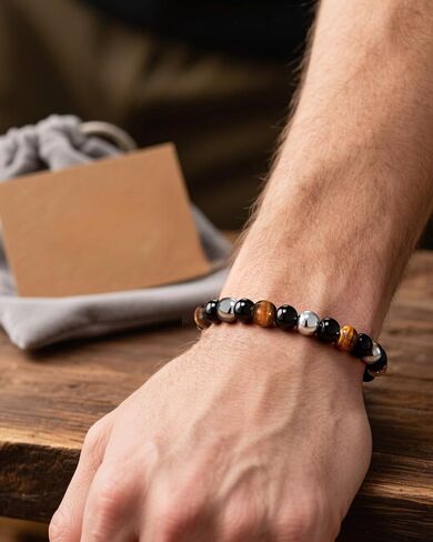 HGDEER Triple Protection Bracelet for Men & Teens - Bring Protection Luck And Prosperity - 100% Natural Obsidian, Hematite & Tiger Eye Beaded Bracelet - with Quote Card in Saudi Arabia