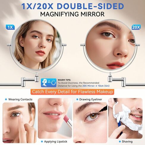 1X/30X Wall Mounted Makeup Mirror, 30X Magnifying Double-Sided Mirror with Tweezers, Bathroom Vanity Makeup Mirror, Cosmetic Mirror with 360 Rotation Extendable Swivel Arm, Chrome in Kuwait