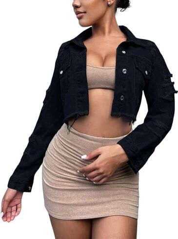 TodTan Women's Cropped Jean Denim Jackets - Distressed Frayed Hem Button Down Long Sleeve Casual Jacket Coat in Kuwait