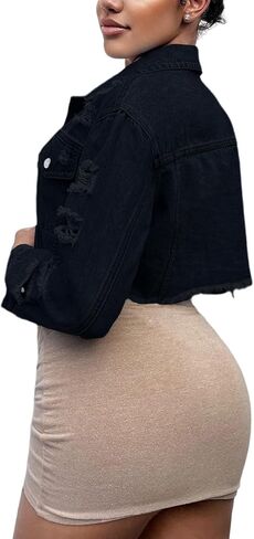 TodTan Women's Cropped Jean Denim Jackets - Distressed Frayed Hem Button Down Long Sleeve Casual Jacket Coat in Kuwait