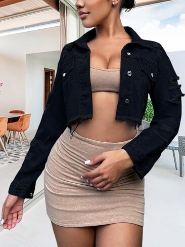 TodTan Women's Cropped Jean Denim Jackets - Distressed Frayed Hem Button Down Long Sleeve Casual Jacket Coat in Kuwait