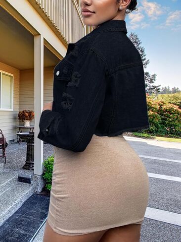 TodTan Women's Cropped Jean Denim Jackets - Distressed Frayed Hem Button Down Long Sleeve Casual Jacket Coat in Kuwait