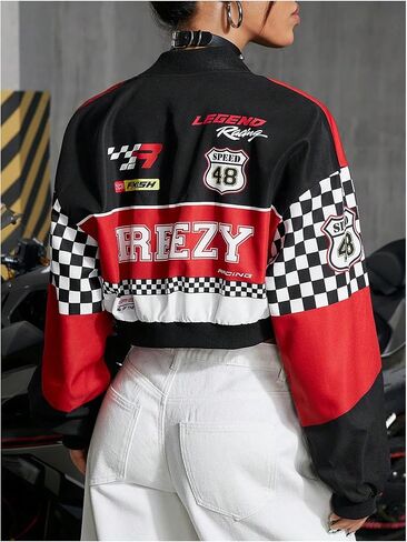 GORGLITTER Women's Racing Jacket Zip Up Cropped Varsity Jacket Color Block Letter Graphic Motorcycle Biker Coats in Saudi Arabia
