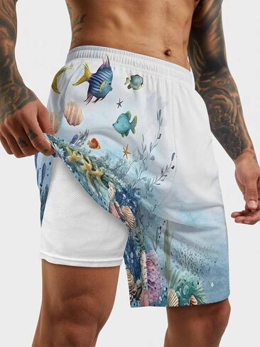 Mens Swim Trunks with Compression Liner,Underwater Ocean Fish Coral Men's Inseam Board Shorts Quick Dry Bathing Suit for Men in Saudi Arabia