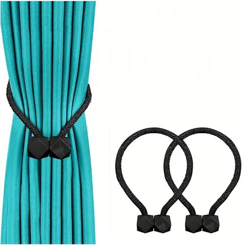 2pcs Classic Style Magnetic Curtain Tiebacks, Magnet Weave Rope Holdbacks for Home and Room Décor Black in Saudi Arabia