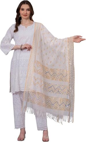 LONIX Women's White Chikankari Kurta Set – Hand Embroidered Cotton Kurti Pant & Dupatta – Traditional Indian Tunic Dress in Saudi Arabia