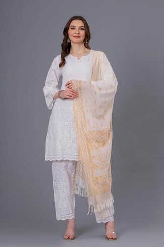 LONIX Women's White Chikankari Kurta Set – Hand Embroidered Cotton Kurti Pant & Dupatta – Traditional Indian Tunic Dress in Saudi Arabia