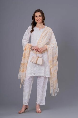 LONIX Women's White Chikankari Kurta Set – Hand Embroidered Cotton Kurti Pant & Dupatta – Traditional Indian Tunic Dress in Saudi Arabia