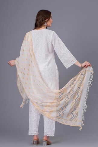 LONIX Women's White Chikankari Kurta Set – Hand Embroidered Cotton Kurti Pant & Dupatta – Traditional Indian Tunic Dress in Saudi Arabia