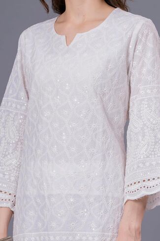 LONIX Women's White Chikankari Kurta Set – Hand Embroidered Cotton Kurti Pant & Dupatta – Traditional Indian Tunic Dress in Saudi Arabia