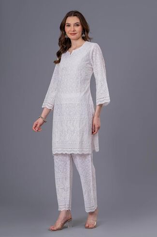 LONIX Women's White Chikankari Kurta Set – Hand Embroidered Cotton Kurti Pant & Dupatta – Traditional Indian Tunic Dress in Saudi Arabia
