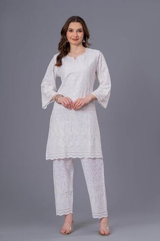 LONIX Women's White Chikankari Kurta Set – Hand Embroidered Cotton Kurti Pant & Dupatta – Traditional Indian Tunic Dress in Saudi Arabia