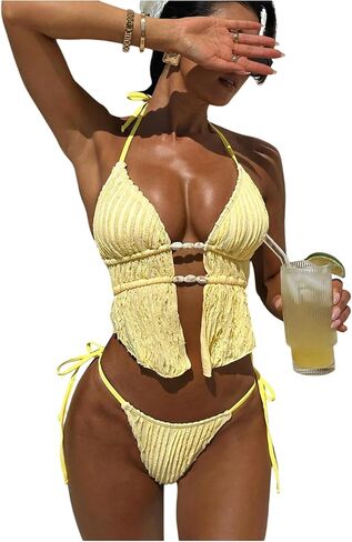 Women's 2 Piece Backless Drawstring Tankini Swimsuits Halter Tie Side String Bathing Suit in Saudi Arabia