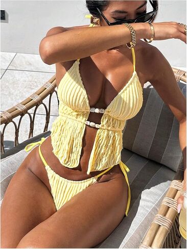 Women's 2 Piece Backless Drawstring Tankini Swimsuits Halter Tie Side String Bathing Suit in Saudi Arabia