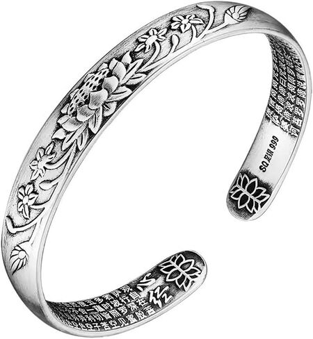 Feng Shui Lotus Heart Sutra Bracelet - Adjustable Vintage Silver Bracelet for Women Men, Tibetan Buddhist Mantra Lucky Amulet, Wealth Luck Protection Meditation Gifts in Saudi Arabia