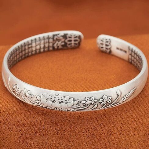 Feng Shui Lotus Heart Sutra Bracelet - Adjustable Vintage Silver Bracelet for Women Men, Tibetan Buddhist Mantra Lucky Amulet, Wealth Luck Protection Meditation Gifts in Saudi Arabia