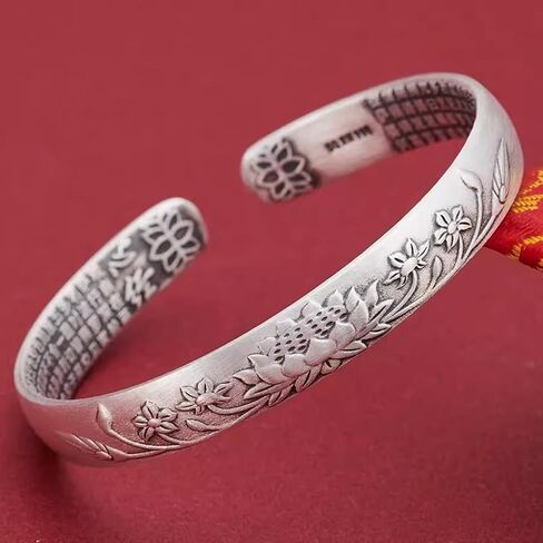 Feng Shui Lotus Heart Sutra Bracelet - Adjustable Vintage Silver Bracelet for Women Men, Tibetan Buddhist Mantra Lucky Amulet, Wealth Luck Protection Meditation Gifts in Saudi Arabia