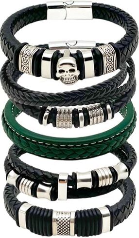 أساور جلدية للرجال 5pcs ، أسوار السوار للرجال والأزياء من الفولاذ مضفر أساور Wirstband مع هدية الإغلاق الإغلاق للرجال in Saudi Arabia