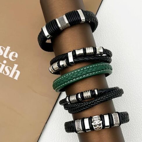أساور جلدية للرجال 5pcs ، أسوار السوار للرجال والأزياء من الفولاذ مضفر أساور Wirstband مع هدية الإغلاق الإغلاق للرجال in Saudi Arabia