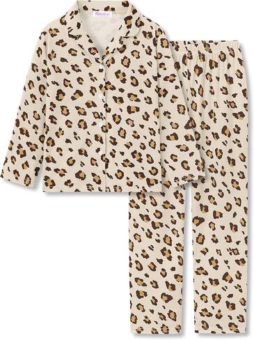Topgal Comfy Coat Style Pajamas for Girls - Leopard ، Cat & Bows Graphic Print Button Down Long Sleeves PJ Seal Size 6-18 in Kuwait