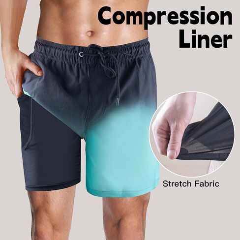 Mens Swim Trunks Swimming Shorts Quick Dry Swim Shorts Beach Shorts with Pockets and Compression Liner in Kuwait