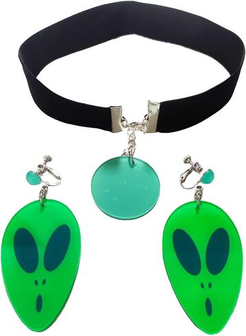 Momo Cosplay Ear Clip Green Alien Pattern Circular Earrings and Black Choker Costume Accessory Adult Unisex for Party Halloween Christmas in Saudi Arabia
