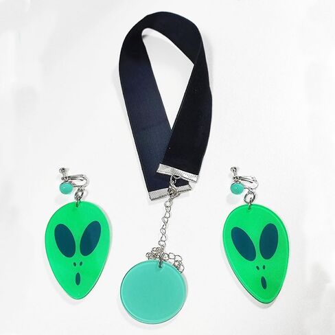 Momo Cosplay Ear Clip Green Alien Pattern Circular Earrings and Black Choker Costume Accessory Adult Unisex for Party Halloween Christmas in Saudi Arabia