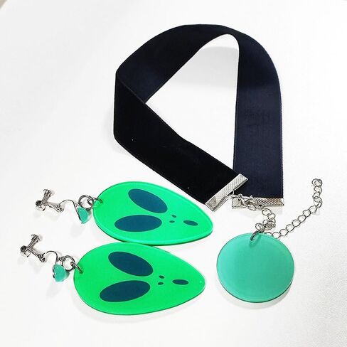 Momo Cosplay Ear Clip Green Alien Pattern Circular Earrings and Black Choker Costume Accessory Adult Unisex for Party Halloween Christmas in Saudi Arabia