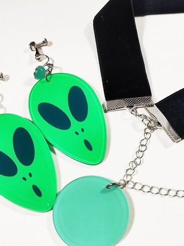 Momo Cosplay Ear Clip Green Alien Pattern Circular Earrings and Black Choker Costume Accessory Adult Unisex for Party Halloween Christmas in Saudi Arabia