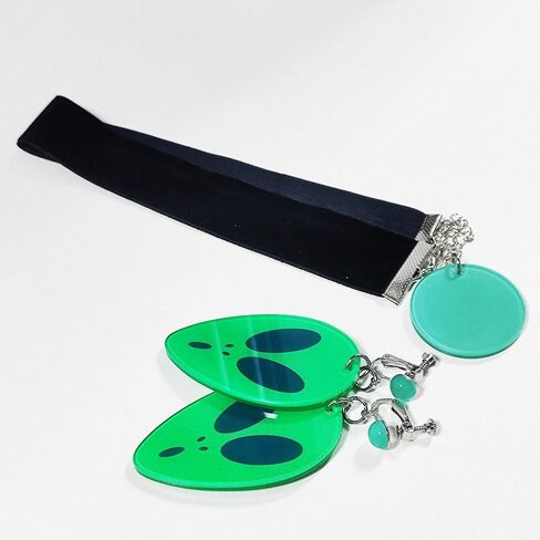 Momo Cosplay Ear Clip Green Alien Pattern Circular Earrings and Black Choker Costume Accessory Adult Unisex for Party Halloween Christmas in Saudi Arabia