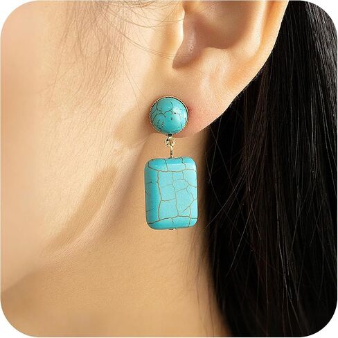 Turquoise Clip-On Earrings for Women Western Clips Earrings Boho Gold Turquoise Dangle Non Pierced Ears Vintage Ethnic Statement Country Jewelry in Saudi Arabia