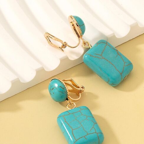 Turquoise Clip-On Earrings for Women Western Clips Earrings Boho Gold Turquoise Dangle Non Pierced Ears Vintage Ethnic Statement Country Jewelry in Saudi Arabia