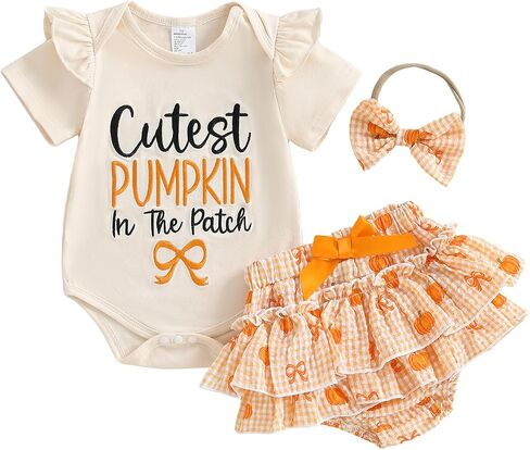 Cutest Pumpkin In The Patch Halloween Outfits for Baby Girls Letters Romper Top and Ruffles Bow Shorts 0-18M in Saudi Arabia