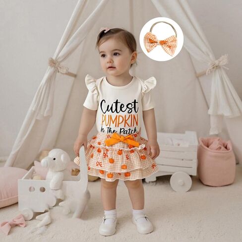 Cutest Pumpkin In The Patch Halloween Outfits for Baby Girls Letters Romper Top and Ruffles Bow Shorts 0-18M in Saudi Arabia