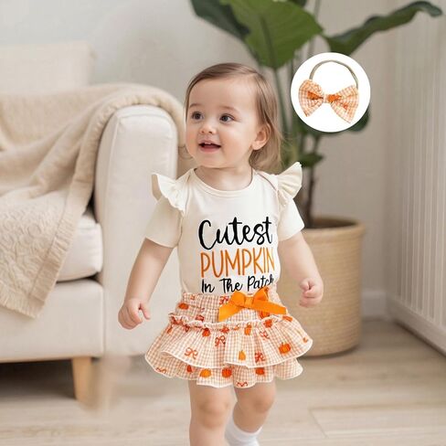 Cutest Pumpkin In The Patch Halloween Outfits for Baby Girls Letters Romper Top and Ruffles Bow Shorts 0-18M in Saudi Arabia