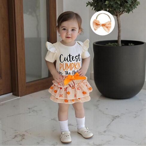 Cutest Pumpkin In The Patch Halloween Outfits for Baby Girls Letters Romper Top and Ruffles Bow Shorts 0-18M in Saudi Arabia