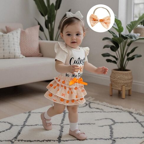 Cutest Pumpkin In The Patch Halloween Outfits for Baby Girls Letters Romper Top and Ruffles Bow Shorts 0-18M in Saudi Arabia