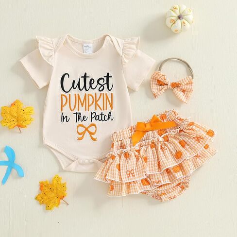 Cutest Pumpkin In The Patch Halloween Outfits for Baby Girls Letters Romper Top and Ruffles Bow Shorts 0-18M in Saudi Arabia